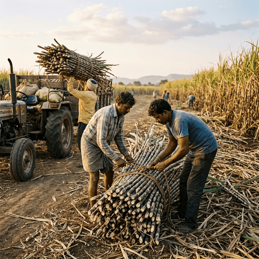 Farmers bundling and collecting freshly harvested sugarcane stalks in Kolhapur
