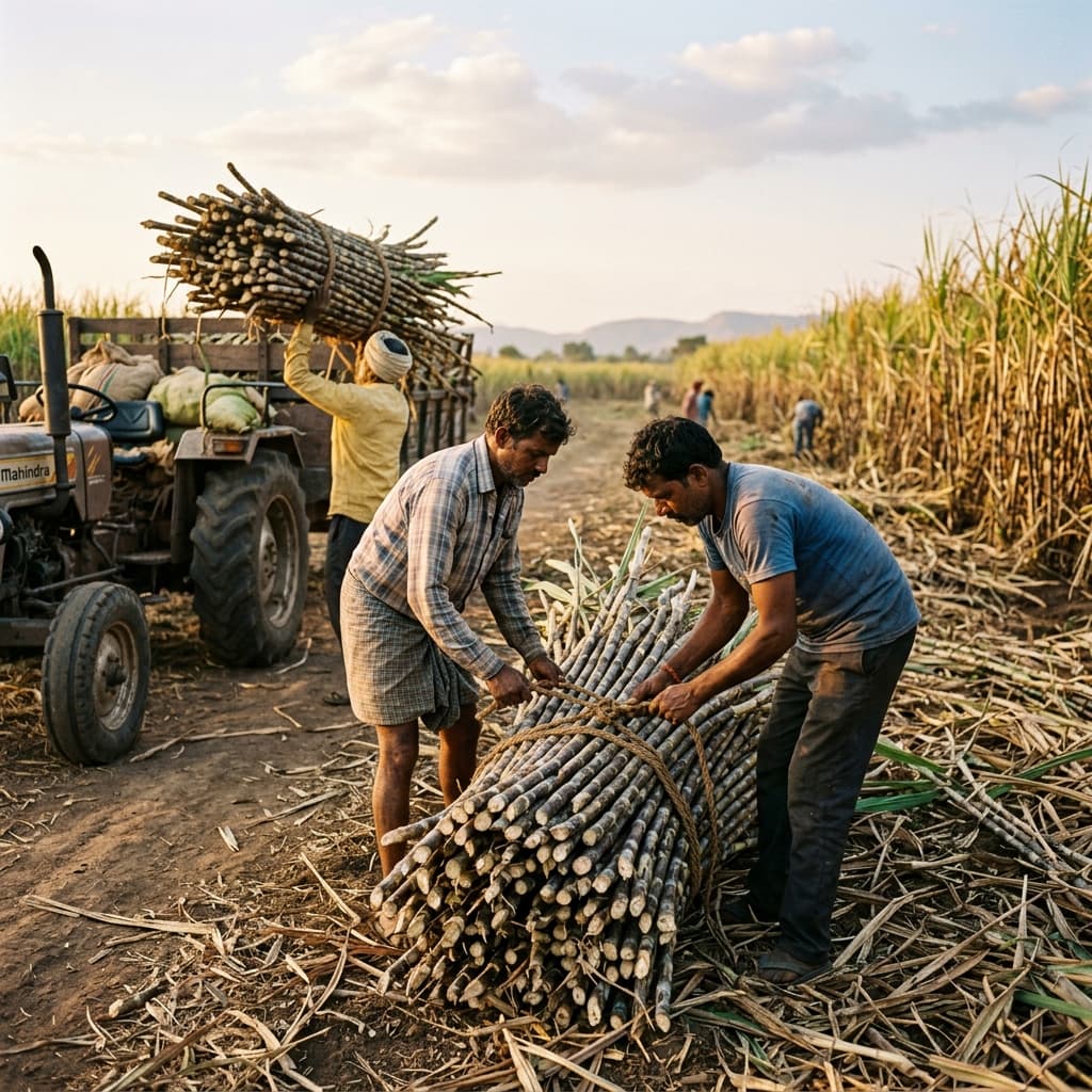 Farmers bundling and collecting freshly harvested sugarcane stalks in Kolhapur