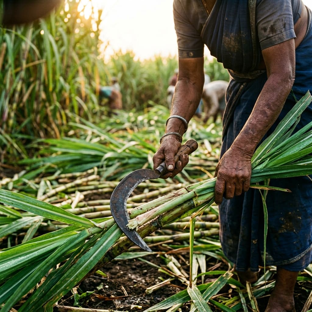 Farmer hands cutting fresh sugarcane stalks by hand in Kolhapur field